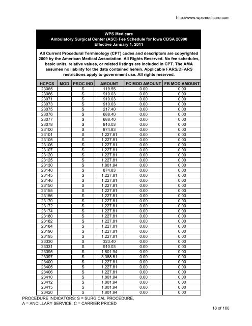 (ASC) Fee Schedule for Iowa CBSA 26980 - WPS Medicare