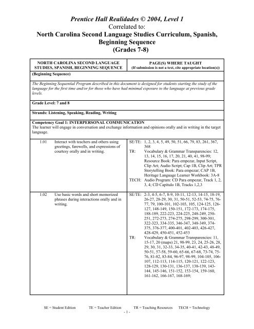 Prentice Hall Realidades A C 04 Level 1 Correlated To North