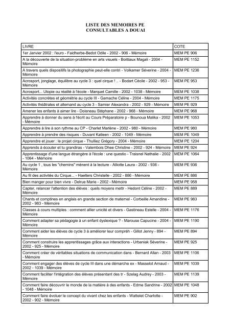 LISTE DES MEMOIRES PE CONSULTABLES A DOUAI - IUFM