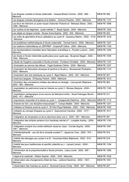 LISTE DES MEMOIRES PE CONSULTABLES A DOUAI - IUFM