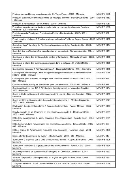 LISTE DES MEMOIRES PE CONSULTABLES A DOUAI - IUFM