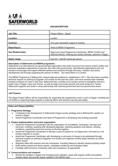 Job Description Job Title Project Officer A A A Egypt Saferworld