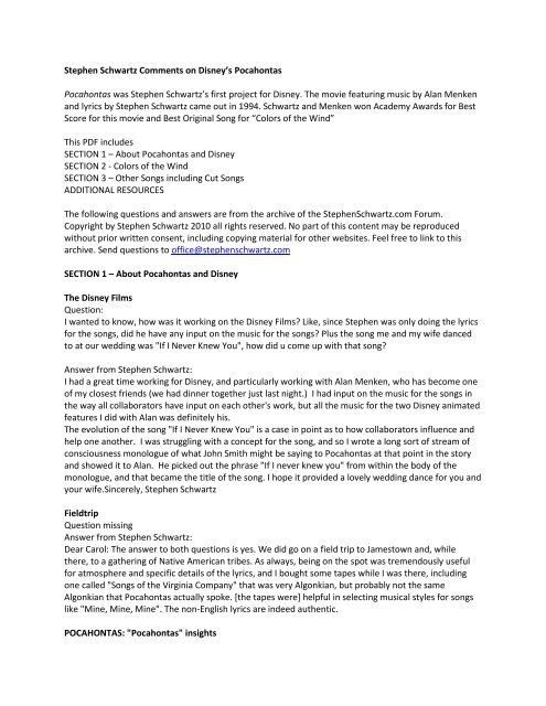 Stephen Schwartz Comments On Disney S Pocahontas Pocahontas