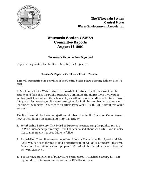 August 15, 2001 Summer Board Meeting - Central States Water ...