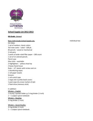 School Supply List 2012-â€2013 - Rockford Lutheran School
