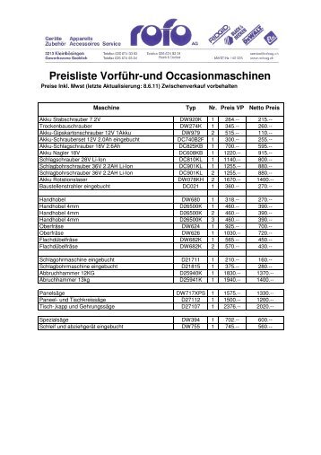 Preisliste Vorführ-und Occasionmaschinen - rofo AG