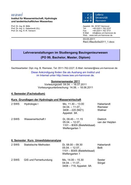 Sommersemester - Institut fÃ¼r Wasserwirtschaft, Hydrologie und ...