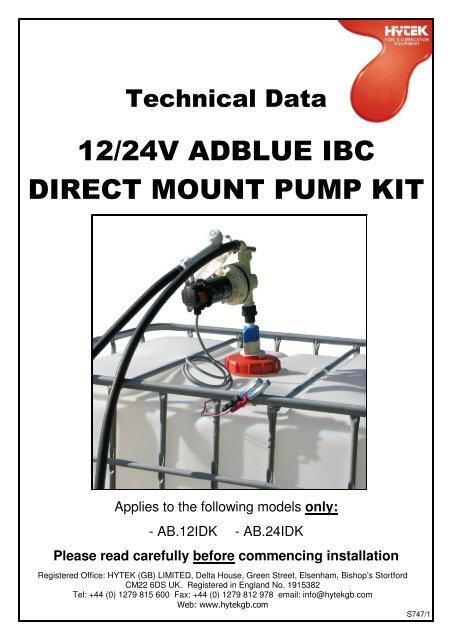 12/24V ADBLUE IBC DIRECT MOUNT PUMP KIT - Hytek