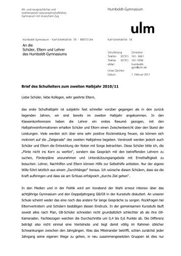 Elternbrief zum 2. Halbjahr 2010/11 - Humboldt-Gymnasium - Ulm