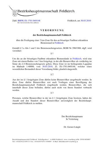 Verordnung Sperrzone Feldkirch - Vorarlberger Imkerverband