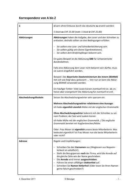 Korrespondenz von A bis Z - Rolf Bänziger