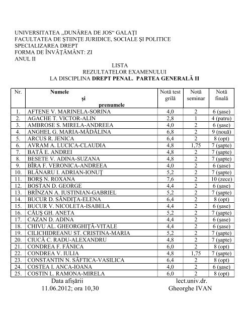 Rezultate examen Anu.. - Facultatea de Drept