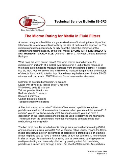 TSB-89-5R3 The Micron Rating for Media in Fluid ... - Baldwin Filters TSB-89-5R3 The Micron Rating for Media in Fluid ... - Baldwin Filters