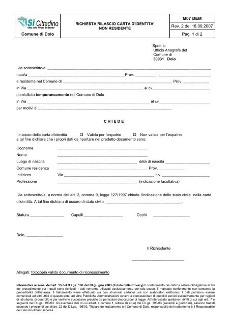 Richiesta Rilascio Carta Didentità Non Residente