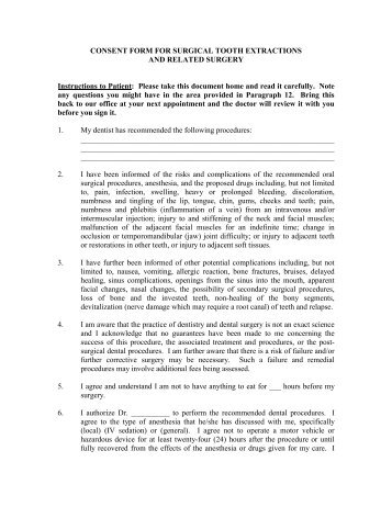 CONSENT FORM FOR SURGICAL TOOTH EXTRACTIONS AND ...