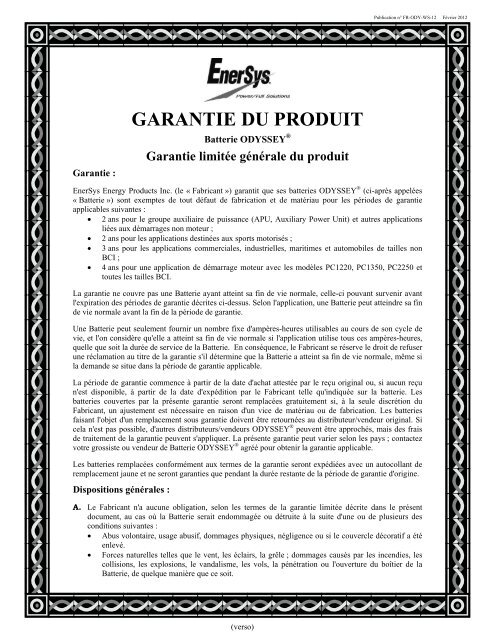 GARANTIE DU PRODUIT - ODYSSEY Batteries