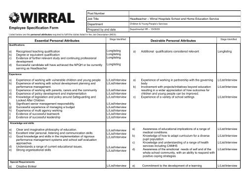 Work Specification Form Employee Specification Form