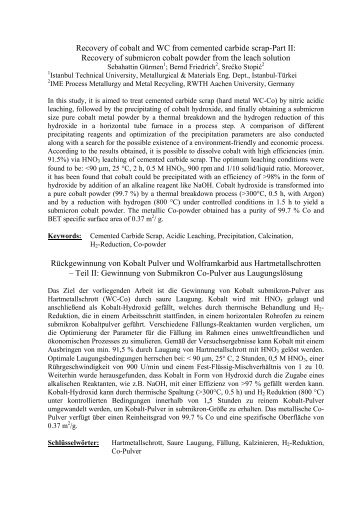 Recovery of cobalt and WC from cemented carbide scrap-Part II ...