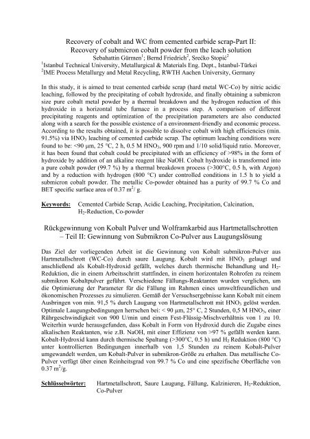 Recovery of cobalt and WC from cemented carbide scrap-Part II ...