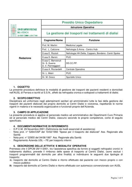 Istruzione Operativa trasporto dializzati - Azienda USL di Ferrara