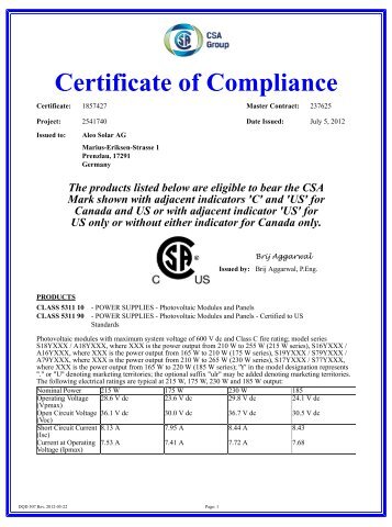 Certificate of Compliance - Aleo Solar