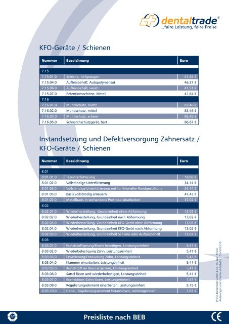 Preisliste nach BEB - Zahnersatz