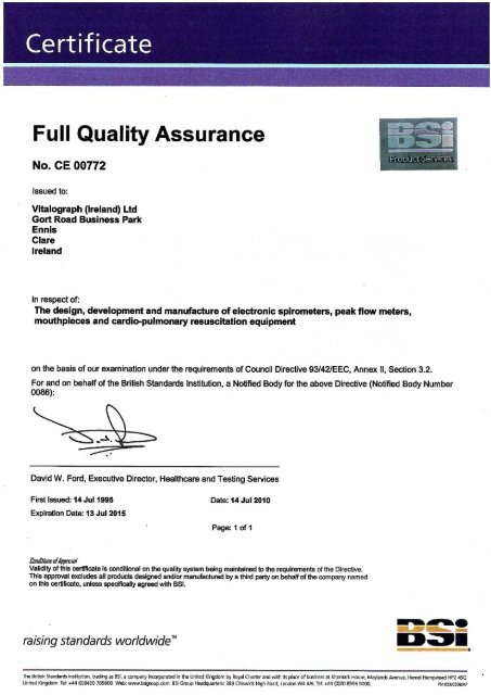 Full Quality Assurance Certificate Vitalograph
