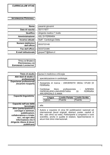 CV PASANISI GIOVANNI.pdf - Azienda USL di Ferrara