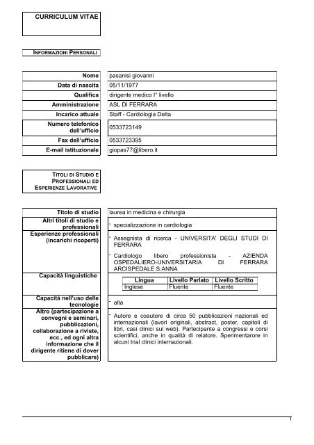 CV PASANISI GIOVANNI.pdf - Azienda USL di Ferrara