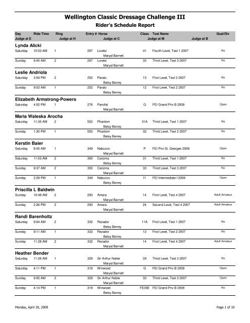 Rider's Schedule Report - Wellington Classic Dressage Challenge