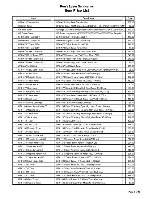 Item Price List - Ron's Laser Service