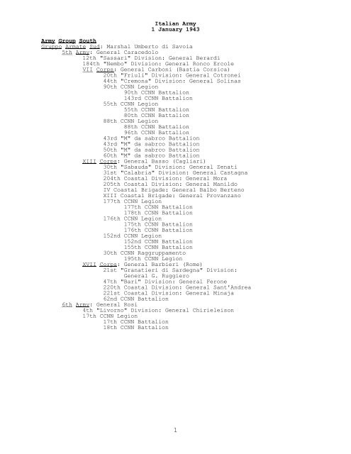 Italian Army, 1 January 1943 - CGSC