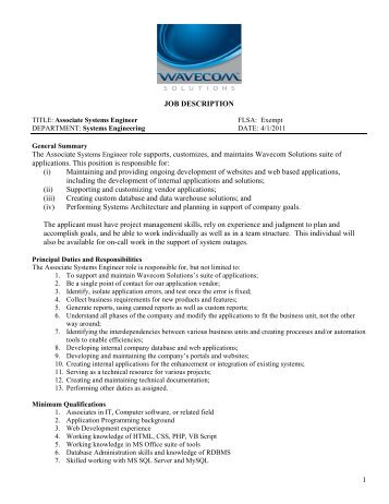 1 JOB DESCRIPTION The Associate Systems Engineer role ...