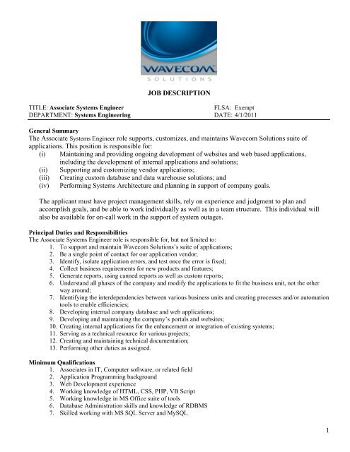 1 JOB DESCRIPTION The Associate Systems Engineer role ...