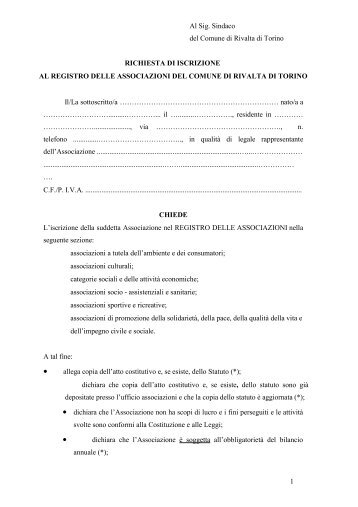 Richiesta di iscrizione al Registro delle Associazioni - Comune di ...