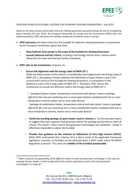 Position Paper on Ecolabel for Heating Generators - July 2013 - EPEE