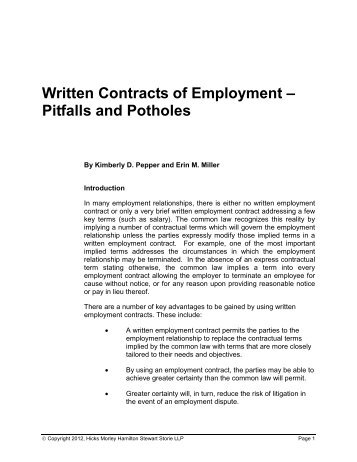 Written Contracts of Employment - Pitfalls and Potholes - Hicks Morley