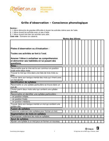 Grille d'observation – Conscience phonologique - L'@telier