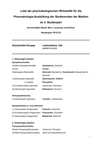 Liste der pharmakologischen Wirkstoffe für die Pharmakologie ...