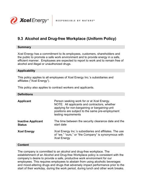 9.3 Alcohol and Drug-free Workplace (Uniform Policy) - Xcel Energy