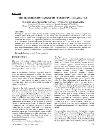 BERBERIS VULGARIS IN THERAPEUTICS - Pakistan Journal of ...