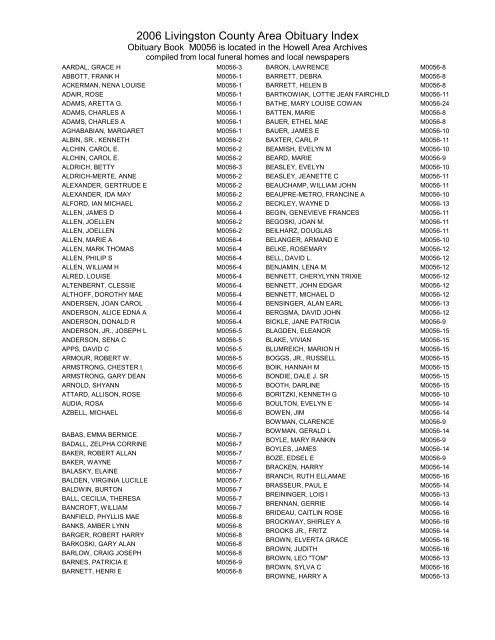 2006 Livingston County Area Obituary Index