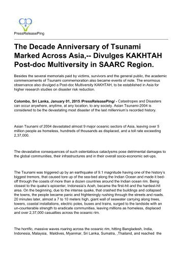The Decade Anniversary of Tsunami Marked Across Asia, Divulges KAKHTAH Post doc Multiversity in SAARC Region