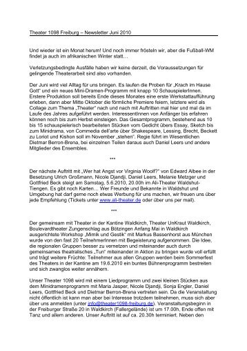 Theater 1098 Freiburg â Newsletter Juni 2010 Und wieder ist ein ...