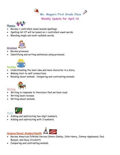 Ms Magees First Grade Class Weekly Update For April 16 - 