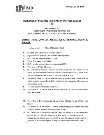 inspection of dhq / thq hospitals of district sialkot ... - PHSRP - Punjab