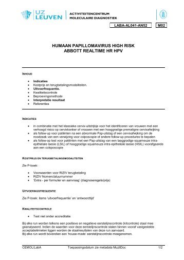 humaan papillomavirus high risk abbott realtime hr hpv - UZ Leuven