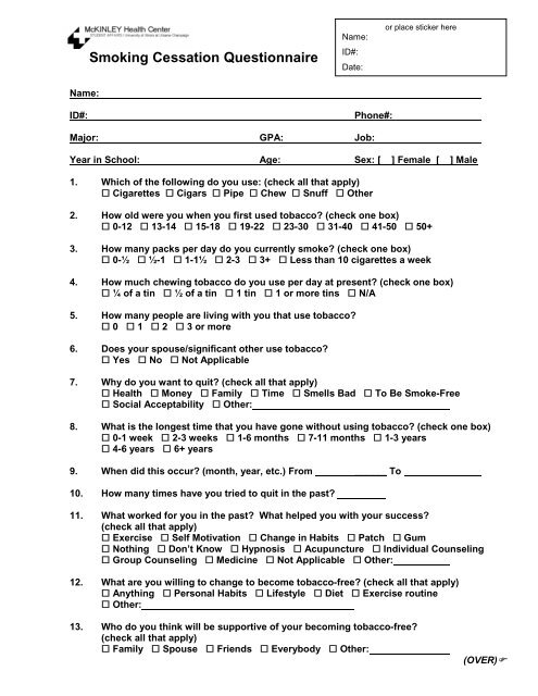 Smoking Cessation Questionnaire - McKinley Health Center