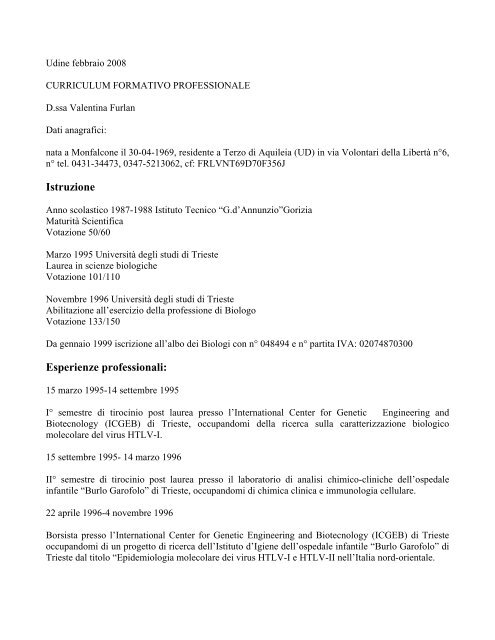 Esperienze professionali - Clinica Pediatrica Trieste - UniversitÃ  ...