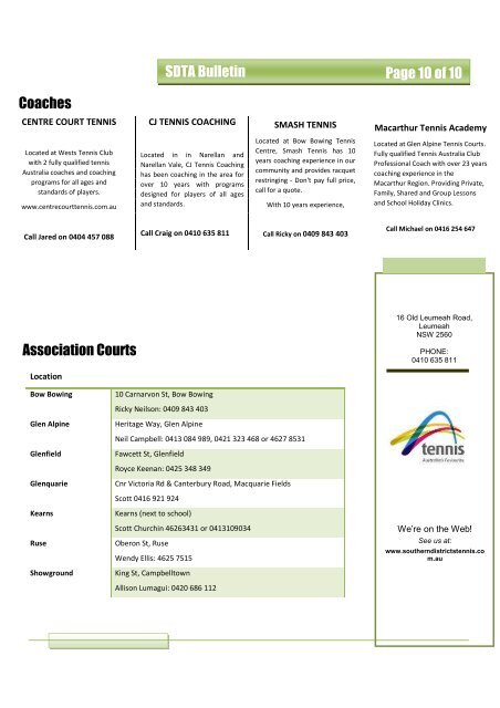 SDTA Bulletin - Southern Districts Tennis Association